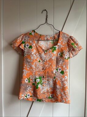 Vintage Orange Floral V-Neck Short Sleeve Blouse